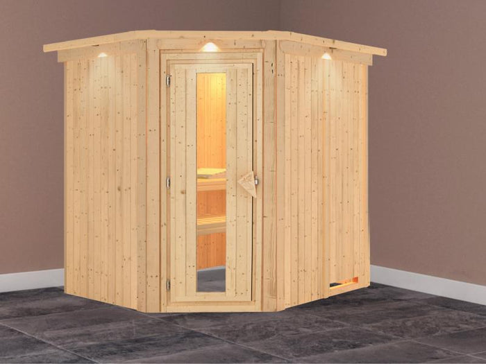 Karibu Sauna Siirin ohne Ofen, mit Dachkranz, mit energiesparender Saunatür