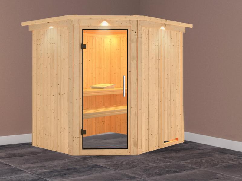 Karibu Sauna Siirin ohne Ofen, mit Dachkranz, mit Klarglas Ganzglastür