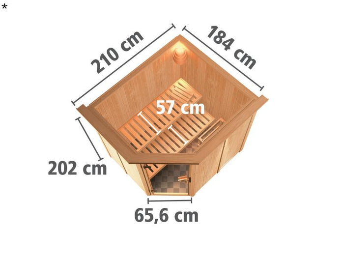 Karibu Sauna Siirin ohne Ofen, mit Dachkranz, mit Klarglas Ganzglastür