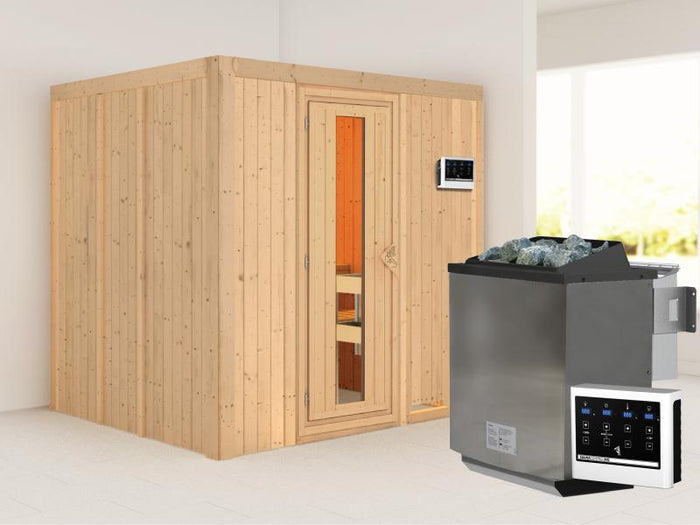 Karibu Sauna Sodin inkl. 9 kW Bioofen ext. Steuerung mit energiesparender Saunatür - ohne Dachkranz