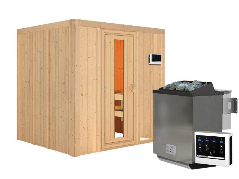 Karibu Sauna Sodin inkl. 9 kW Bioofen ext. Steuerung mit energiesparender Saunatür - ohne Dachkranz