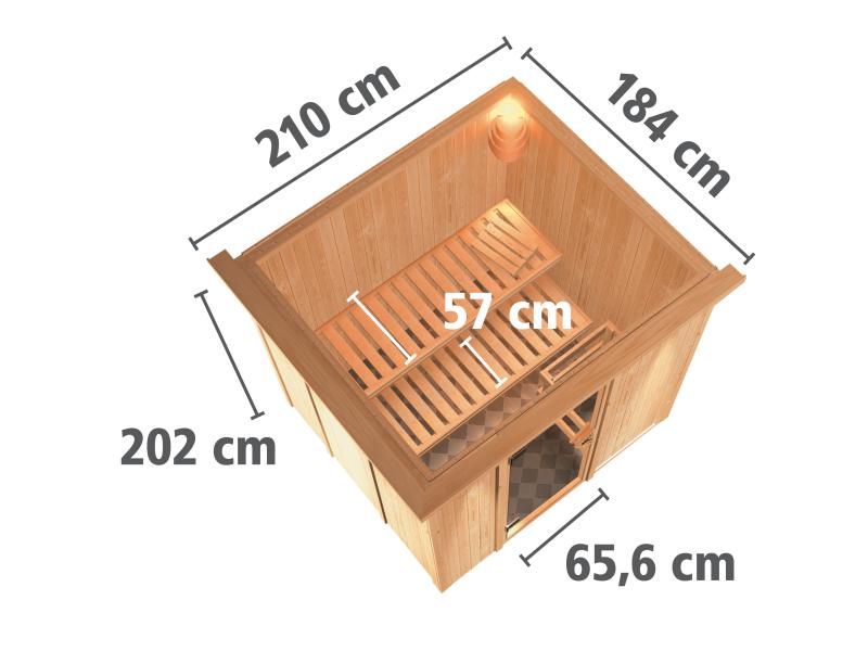 Karibu Sauna Sodin inkl. 9 kW Bioofen ext. Steuerung mit energiesparender Saunatür - mit Dachkranz -
