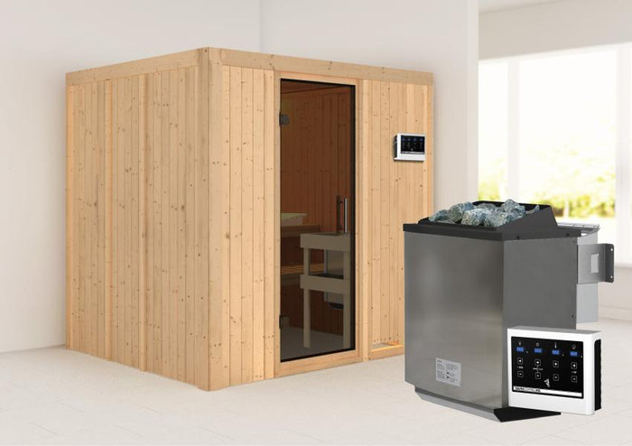 Karibu Sauna Sodin inkl. 9 kW Bioofen ext. Steuerung mit moderner Saunatür - ohne Dachkranz -