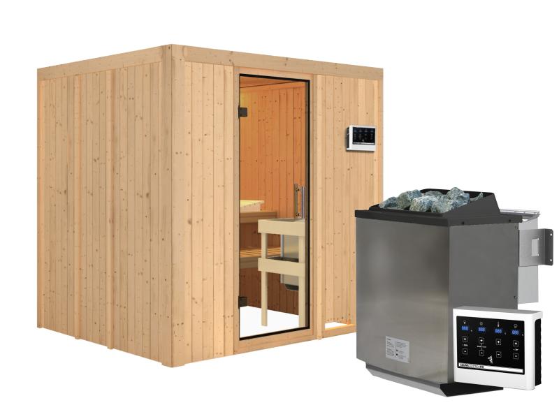 Karibu Sauna Sodin inkl. 9 kW Bioofen ext. Steuerung mit Klarglas Ganzglastür - ohne Dachkranz -