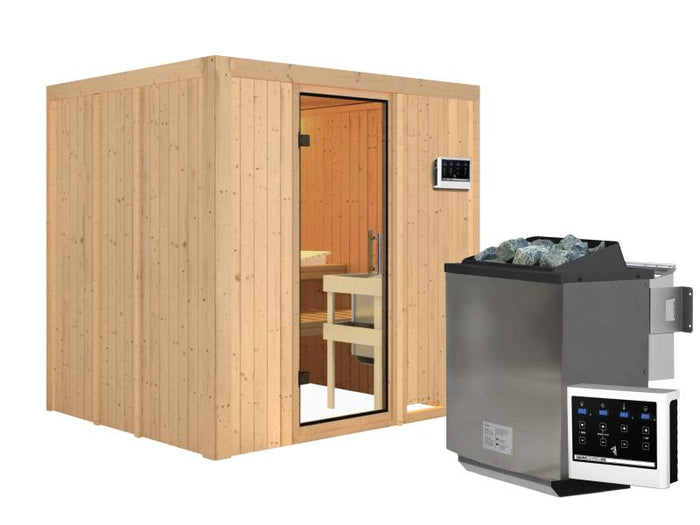 Karibu Sauna Sodin inkl. 9 kW Bioofen ext. Steuerung mit Klarglas Ganzglastür - ohne Dachkranz -