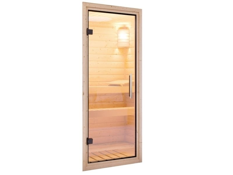 Karibu Sauna Sodin inkl. 9 kW Bioofen ext. Steuerung mit Klarglas Ganzglastür - ohne Dachkranz -