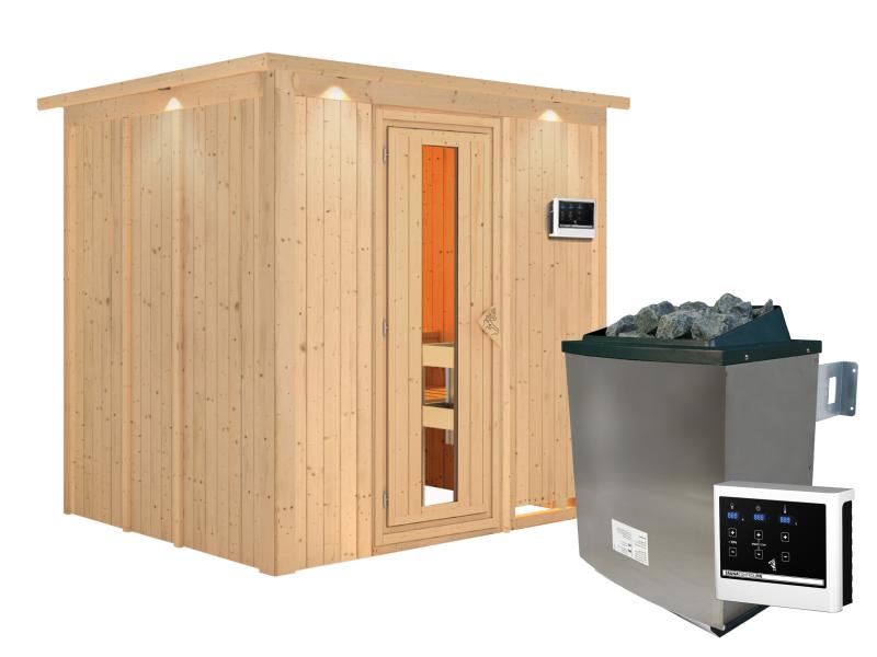 Karibu Sauna Sodin inkl. 9 kW Ofen ext. Steuerung mit energiesparender Saunatür - mit Dachkranz -