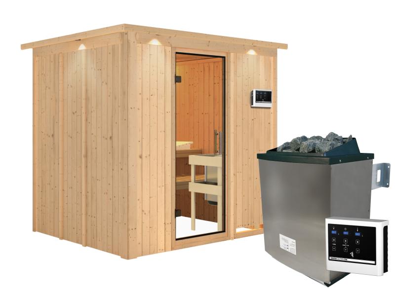 Karibu Sauna Sodin inkl. 9 kW Ofen ext. Steuerung mit Klarglas Ganzglastür - mit Dachkranz -