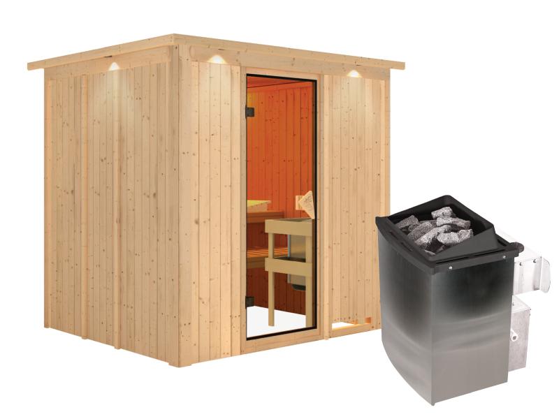 Karibu Sauna Sodin inkl. 9 kW Ofen integr. Steuerung mit bronzierter Ganzglastür - mit Dachkranz -