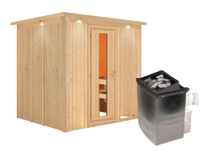 Karibu Sauna Sodin inkl. 9 kW Ofen integr. Steuerung mit energiesparender Saunatür - mit Dachkranz -