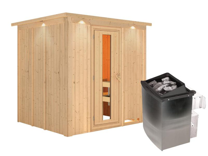 Karibu Sauna Sodin inkl. 9 kW Ofen integr. Steuerung mit energiesparender Saunatür - mit Dachkranz -