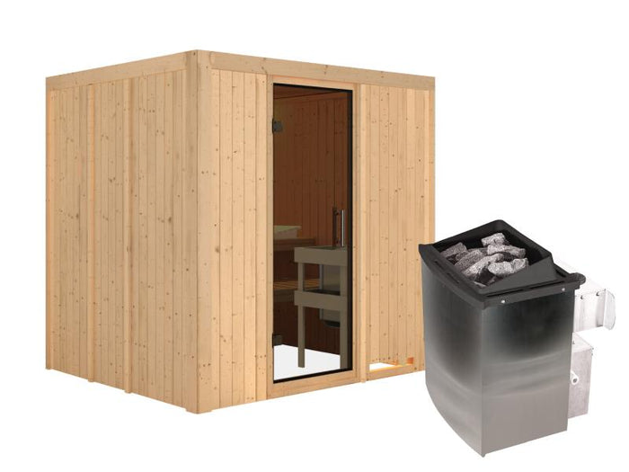 Karibu Sauna Sodin inkl. 9 kW Ofen integr. Steuerung mit moderner Saunatür - ohne Dachkranz -
