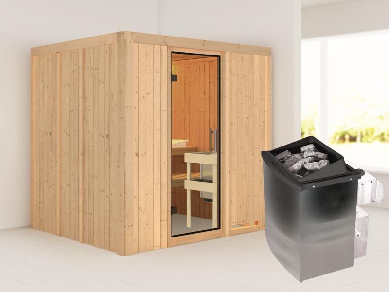 Karibu Sauna Sodin inkl. 9 kW Ofen integr. Steuerung mit Klarglas Ganzglastür - ohne Dachkranz -