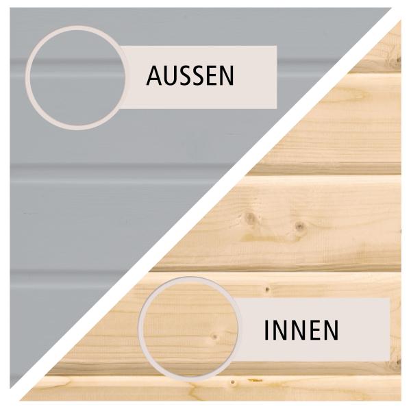 Karibu Sauna Sodin ohne Ofen in lichtgrau, ohne Dachkranz, mit Klarglas Ganzglastür