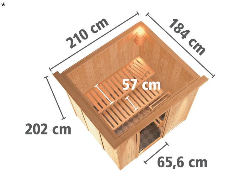 Karibu Sauna Sodin ohne Ofen, mit Dachkranz, mit energiesparender Saunatür