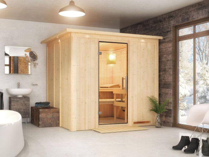 Karibu Sauna Sodin ohne Ofen, mit Dachkranz, mit Klarglas Ganzglastür