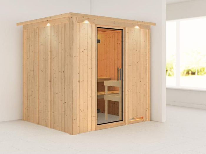 Karibu Sauna Sodin ohne Ofen, mit Dachkranz, mit Klarglas Ganzglastür