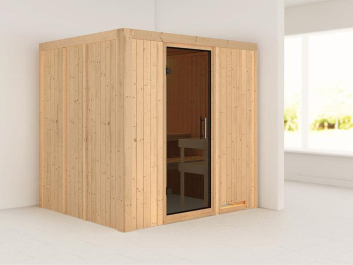 Karibu Sauna Sodin ohne Ofen, ohne Dachkranz, mit moderner Saunatür