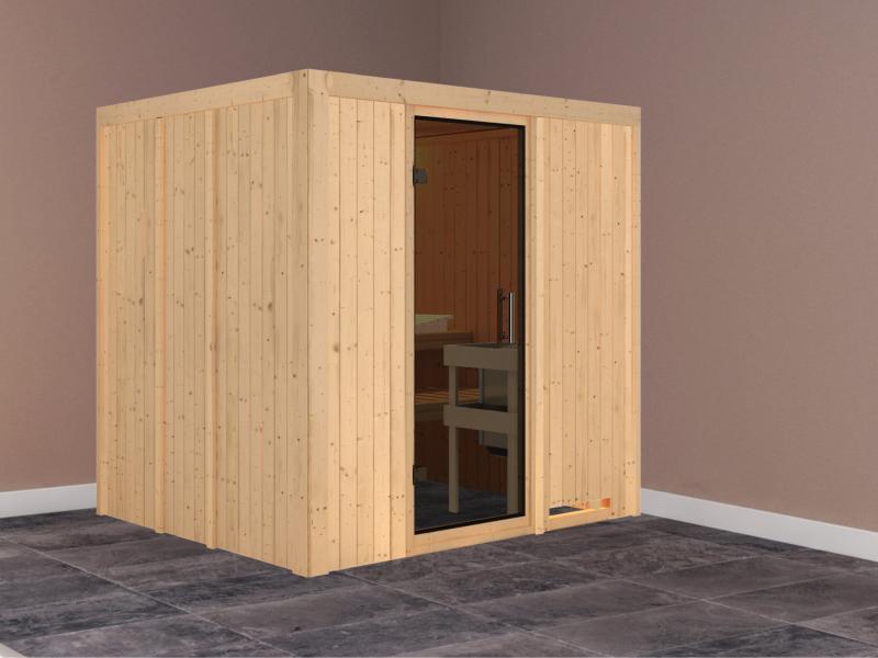 Karibu Sauna Sodin ohne Ofen, ohne Dachkranz, mit moderner Saunatür