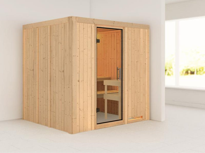 Karibu Sauna Sodin ohne Ofen, ohne Dachkranz, mit Klarglas Ganzglastür
