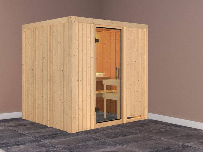 Karibu Sauna Sodin ohne Ofen, ohne Dachkranz, mit Klarglas Ganzglastür