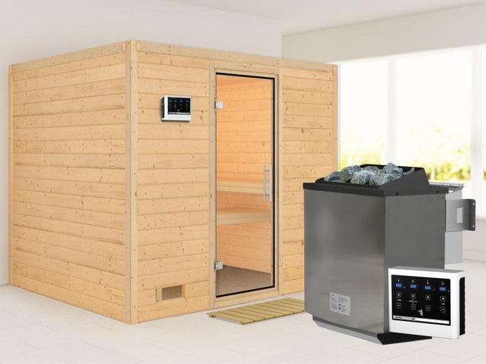 Karibu Sauna Sonara inkl. 9 kW Bio Ofen mit ext. Steuerung, ohne Dachkranz, mit Klarglas Ganzglastür