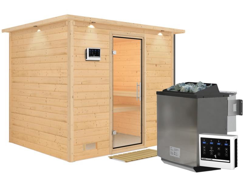 Karibu Sauna Sonara inkl. 9 kW Bio Ofen mit ext. Steuerung, mit Dachkranz, mit Klarglas Ganzglastür