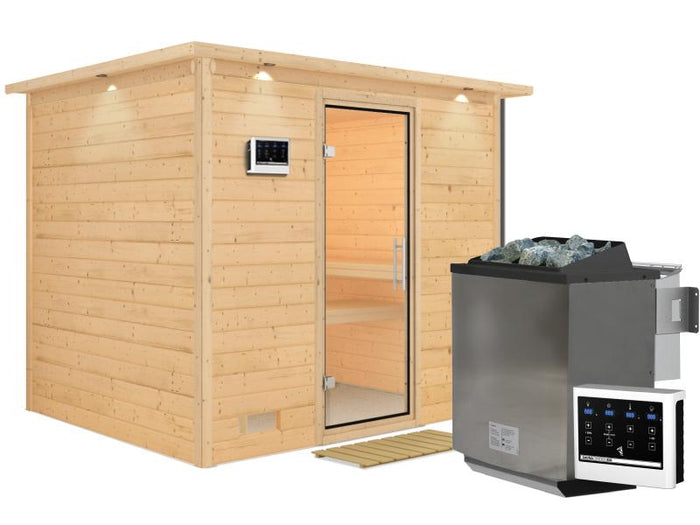 Karibu Sauna Sonara inkl. 9 kW Bio Ofen mit ext. Steuerung, mit Dachkranz, mit Klarglas Ganzglastür