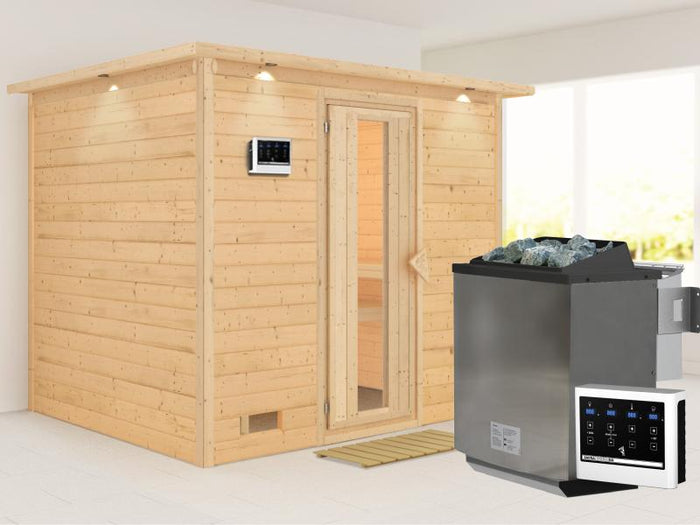 Karibu Sauna Sonara inkl. 9-kW-Bioofen mit externer Steuerung, mit Dachkranz, mit energiesparender S