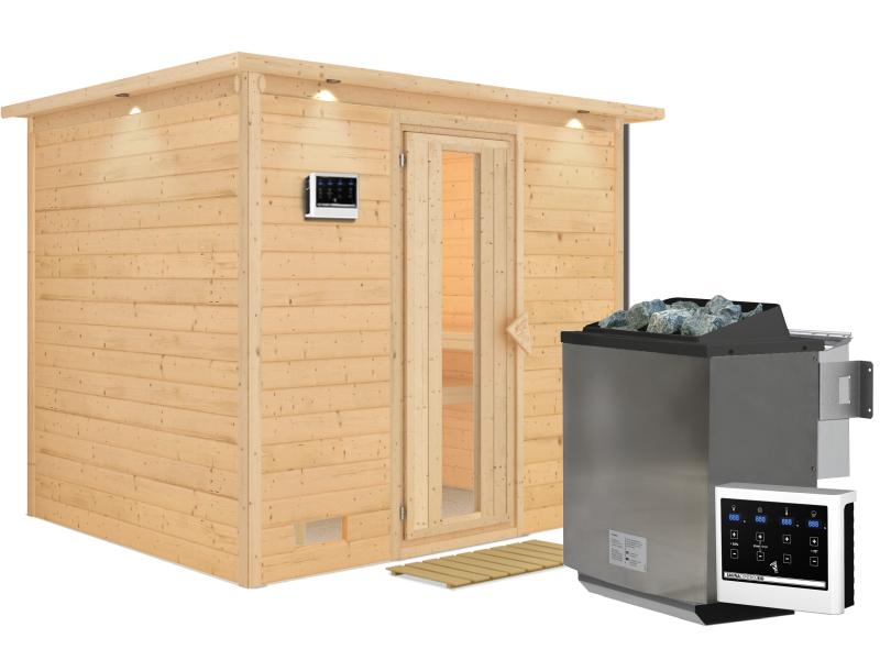 Karibu Sauna Sonara inkl. 9-kW-Bioofen mit externer Steuerung, mit Dachkranz, mit energiesparender S