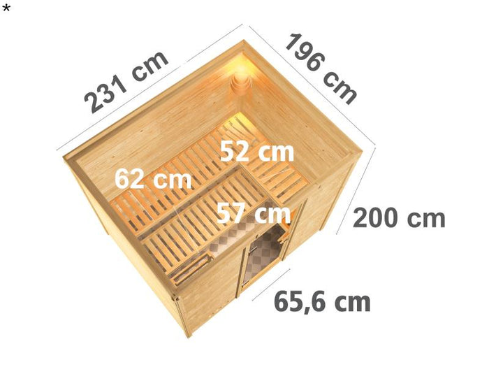 Karibu Sauna Sonara inkl. 9-kW-Bioofen mit externer Steuerung, ohne Dachkranz, mit moderner Saunatür