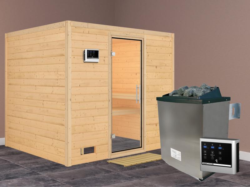 Karibu Sauna Sonara inkl. 9 kW Ofen mit ext. Steuerung, ohne Dachkranz, mit Klarglas Ganzglastür