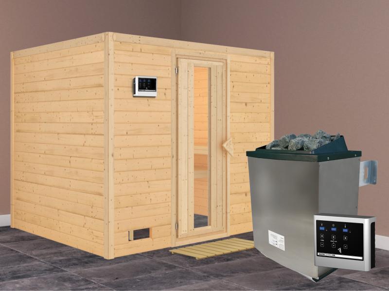 Karibu Sauna Sonara inkl. 9-kW-Ofen mit externer Steuerung, ohne Dachkranz, mit energiesparender Sau