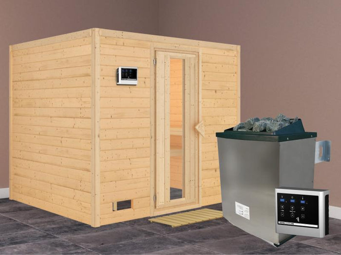 Karibu Sauna Sonara inkl. 9-kW-Ofen mit externer Steuerung, ohne Dachkranz, mit energiesparender Sau