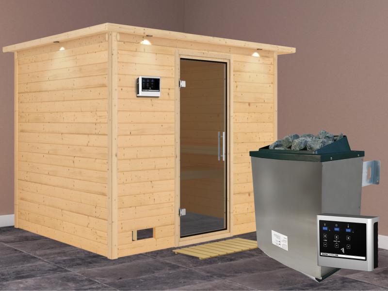 Karibu Sauna Sonara inkl. 9-kW-Ofen mit externer Steuerung, mit Dachkranz, mit moderner Saunatür