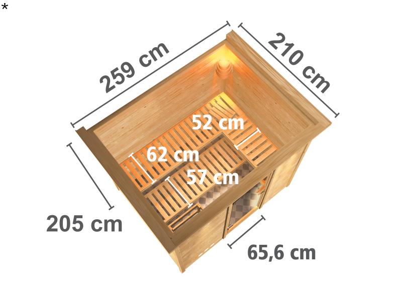 Karibu Sauna Sonara inkl. 9-kW-Ofen mit externer Steuerung, mit Dachkranz, mit moderner Saunatür