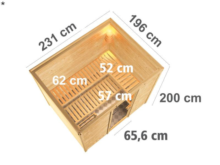 Karibu Sauna Sonara inkl. 9 kW Ofen mit int. Steuerung, ohne Dachkranz, mit Klarglas Ganzglastür
