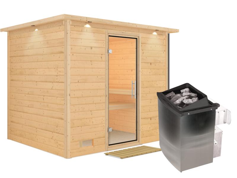 Karibu Sauna Sonara inkl. 9 kW Ofen mit int. Steuerung, mit Dachkranz, mit Klarglas Ganzglastür