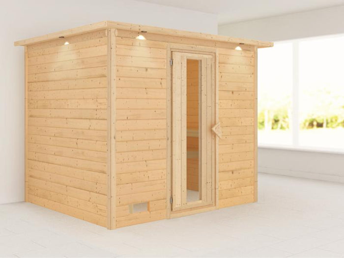 Karibu Sauna Sonara ohne Ofen, mit Dachkranz, mit energiesparender Saunatür