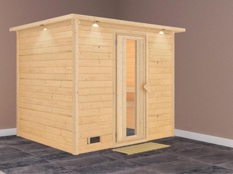Karibu Sauna Sonara ohne Ofen, mit Dachkranz, mit energiesparender Saunatür