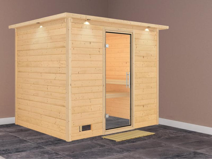 Karibu Sauna Sonara ohne Ofen, mit Dachkranz, mit Klarglas Ganzglastür