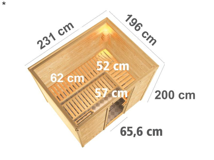 Karibu Sauna Sonara ohne Ofen, ohne Dachkranz, mit energiesparender Saunatür