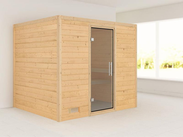 Karibu Sauna Sonara ohne Ofen, ohne Dachkranz, mit moderner Saunatür