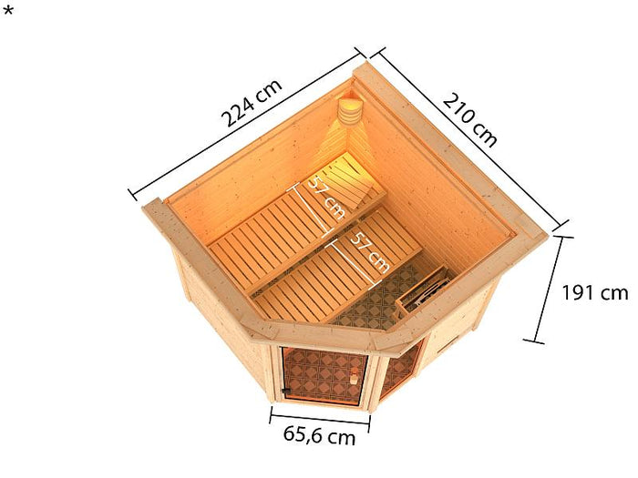 Karibu Sauna Tabea mit 9 kW Ofen integr. Strg und Dachkranz 38 mm