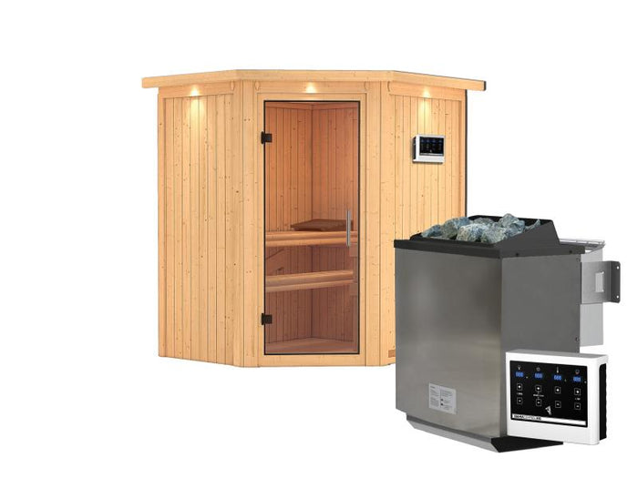 Karibu Sauna Taurin inkl 9 kW Bioofen ext. Steuerung, mit klarglas Ganzglastür -mit Dachkranz-