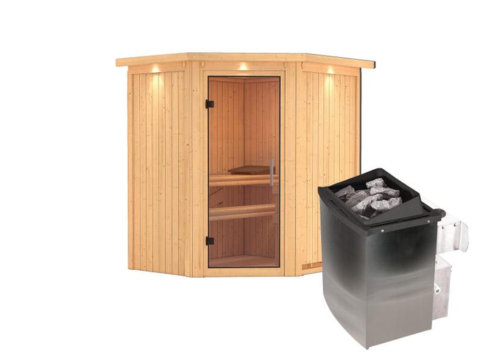 Karibu Sauna Taurin inkl 9 kW Ofen integr. Steuerung, mit klarglas Ganzglastür -mit Dachkranz-