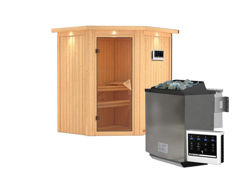 Karibu Sauna Taurin inkl. 9 kW Bioofen ext. Steuerung, mit bronzierter Ganzglastür - mit Dachkranz -