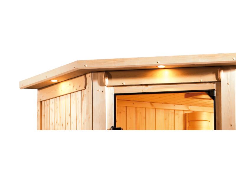 Karibu Sauna Taurin inkl. 9 kW Bioofen ext. Steuerung, mit bronzierter Ganzglastür - mit Dachkranz -