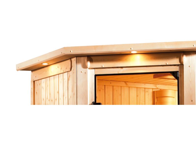 Karibu Sauna Taurin inkl. 9 kW Bioofen ext. Steuerung, mit moderner Saunatür - mit Dachkranz -