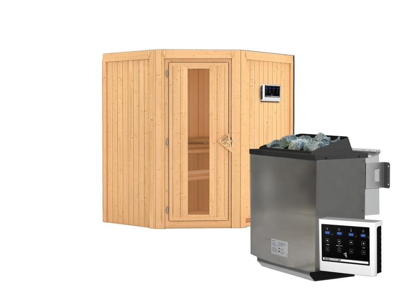 Karibu Sauna Taurin inkl. 9 kW Bioofen externe Steuerung, mit Energiespartür - ohne Dachkranz -